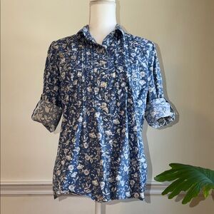 G.H. Bass Blue Floral Pintuck Button Front Cotton Shirt Size L